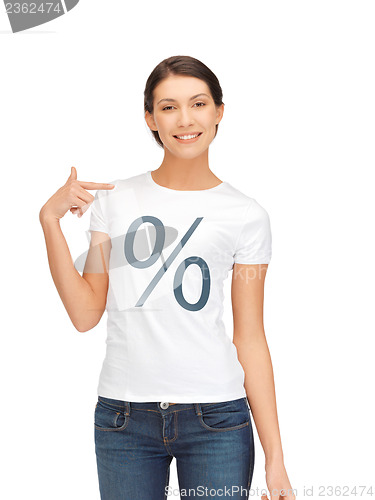 Image of woman in shirt with percent sign