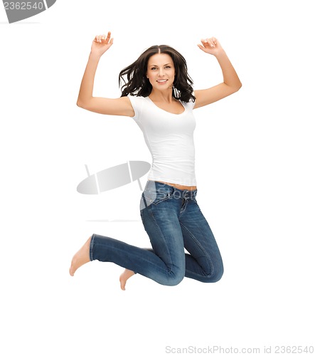 Image of jumping woman in blank white t-shirt
