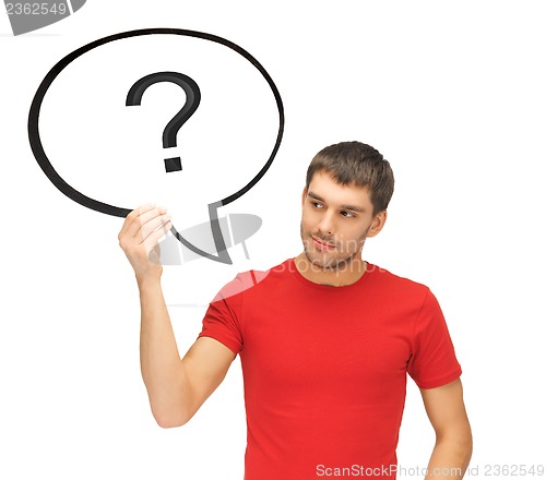 Image of man with text bubble and question mark