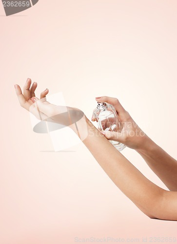 Image of woman hands spraying perfume