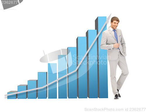 Image of handsome businessman with big 3d chart