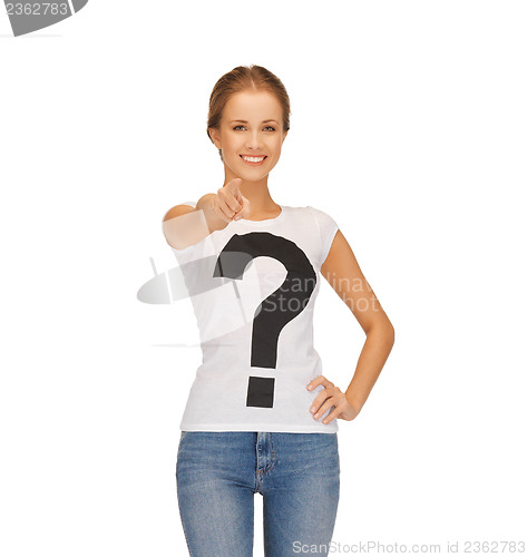 Image of woman in white t-shirt pointing at you