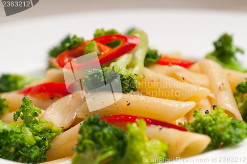 Image of Italian penne pasta with broccoli and chili pepper