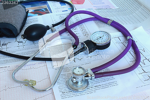 Image of Medical devices: a stethoscope for auscultation of patients and 
