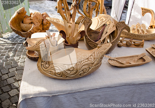 Image of wooden kitchen utensil tools bird dish market fair 