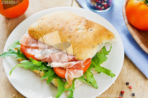 Image of Prosciutto on Olive Ciabatta sandwich