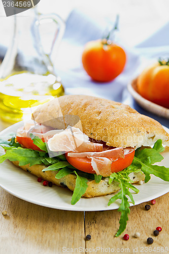 Image of Prosciutto on Olive Ciabatta sandwich