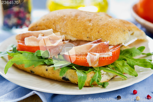 Image of Prosciutto on Olive Ciabatta sandwich