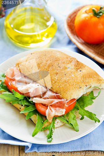 Image of Prosciutto on Olive Ciabatta sandwich