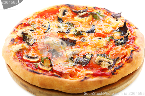 Image of Pizza with tomatoes, mushrooms and purple basil.