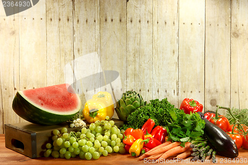 Image of Grocery Produce Items on a Wooden Plank