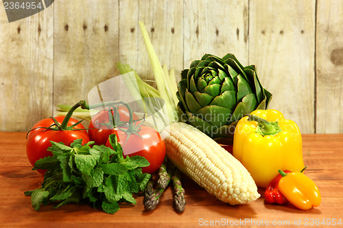 Image of Grocery Produce Items on a Wooden Plank