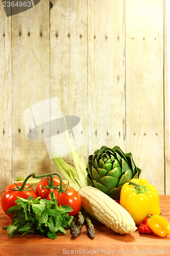 Image of Grocery Produce Items on a Wooden Plank