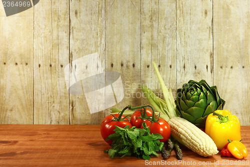 Image of Grocery Produce Items on a Wooden Plank