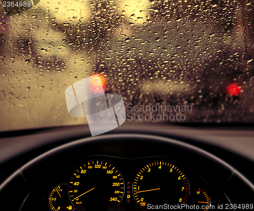 Image of rain droplets on car windshield