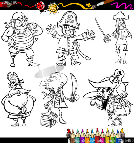 Image of pirates cartoon set for coloring book