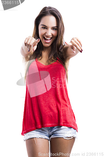 Image of Happy woman looking and pointing