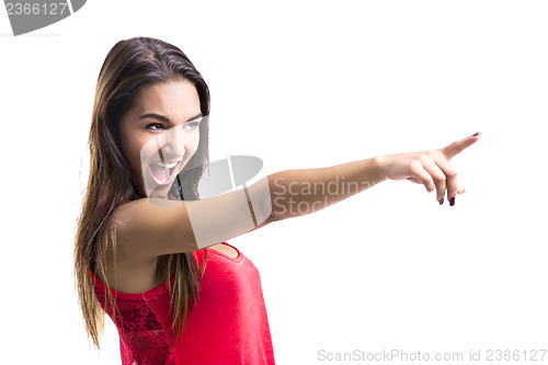 Image of Beautiful woman pointing to something