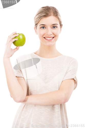 Image of Beautiful woman with a green apple