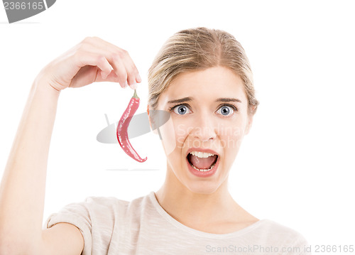 Image of Woman with a silly face holding a red chilli pepper