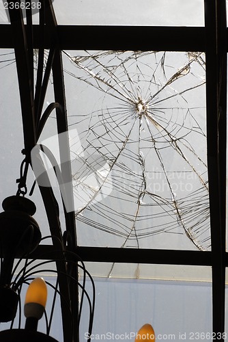 Image of Broken glass on ceiling of porch