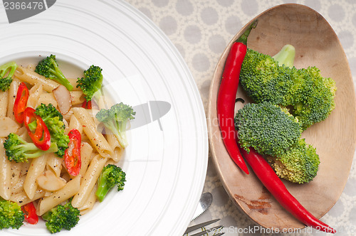 Image of Italian penne pasta with broccoli and chili pepper