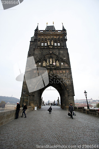 Image of Bridge tower at one end of Charles bridge on Vltava river in Prague,Czech Republic