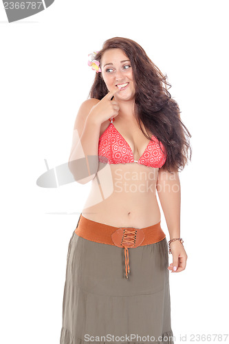 Image of Portrait of a beautiful young woman in beach dress