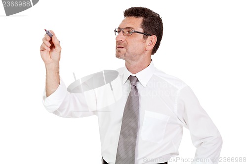 Image of smiling adult businessman write with red pen isolated copyspace