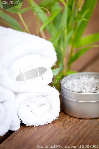 Image of wellness and spa beauty treatment objects on wooden background