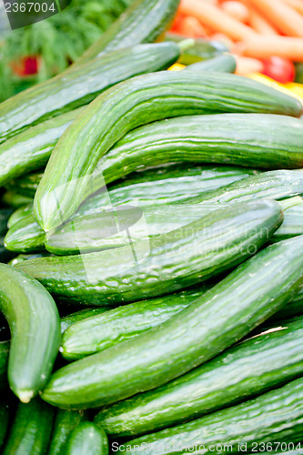 Image of fresh green cucumber on market macro