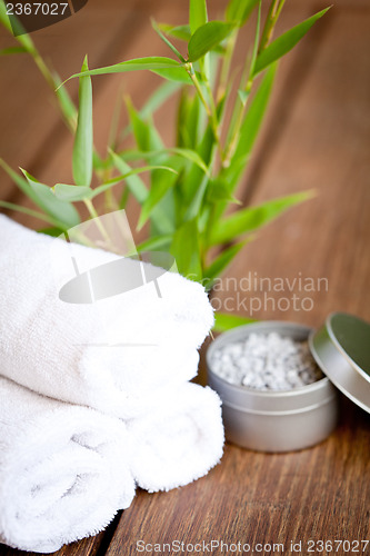Image of wellness and spa beauty treatment objects on wooden background