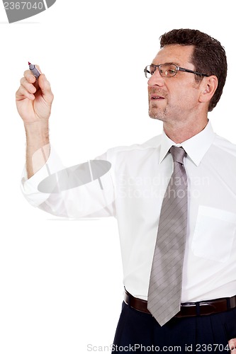 Image of smiling adult businessman write with red pen isolated copyspace