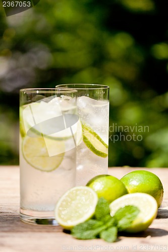 Image of fresh cold refreshment drink mineral water soda with lime and mint