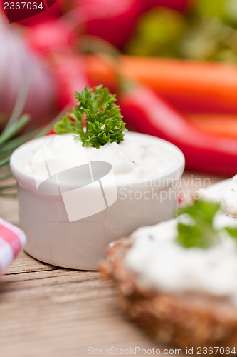 Image of fresh tasty homemade cream cheese and herbs with bread