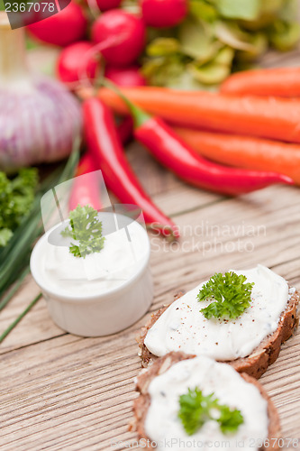 Image of fresh tasty homemade cream cheese and herbs with bread