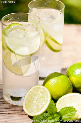 Image of fresh cold refreshment drink mineral water soda with lime and mint