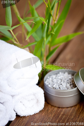 Image of wellness and spa beauty treatment objects on wooden background