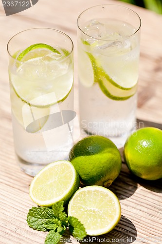 Image of fresh cold refreshment drink mineral water soda with lime and mint