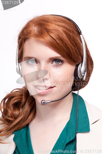 Image of smiling business woman callcenter agent operator isolated portrait