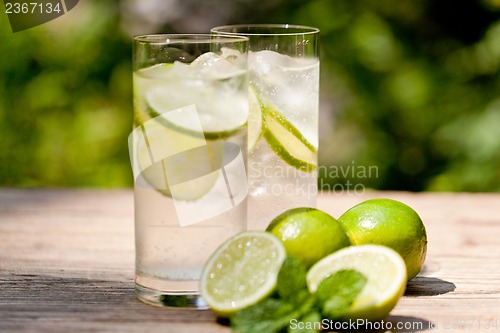 Image of fresh cold refreshment drink mineral water soda with lime and mint