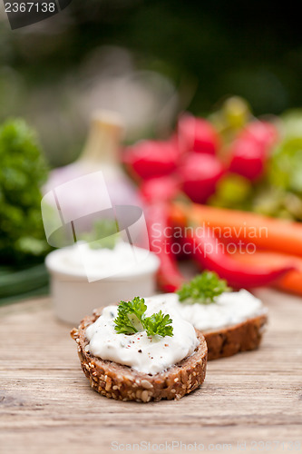 Image of fresh tasty homemade cream cheese and herbs with bread