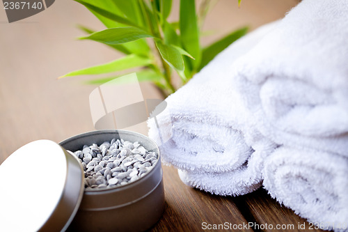 Image of wellness and spa beauty treatment objects on wooden background