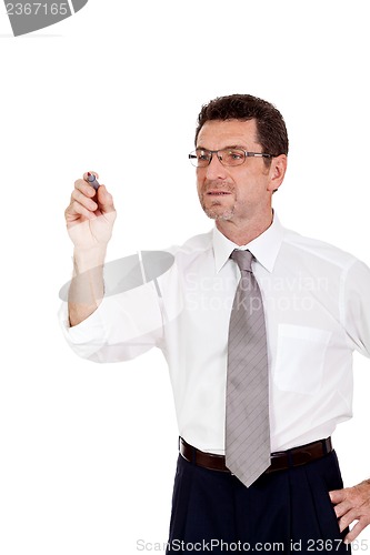 Image of smiling adult businessman write with red pen isolated copyspace