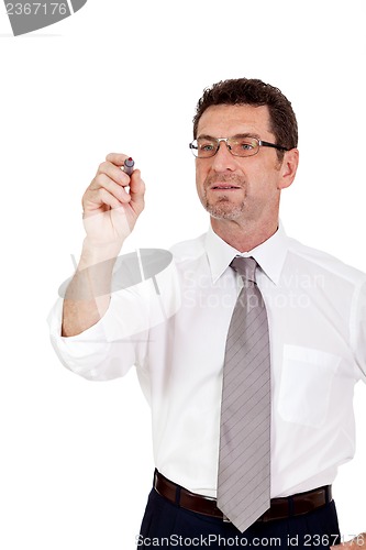 Image of smiling adult businessman write with red pen isolated copyspace