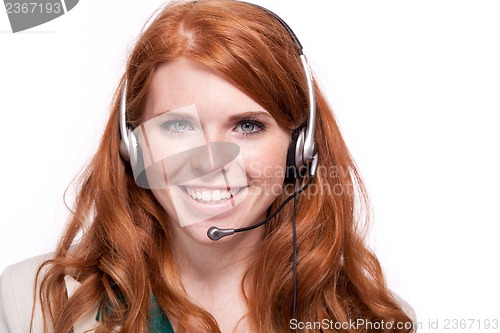 Image of smiling business woman callcenter agent operator isolated portrait