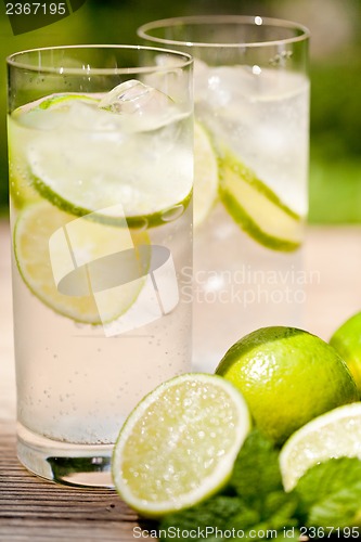 Image of fresh cold refreshment drink mineral water soda with lime and mint