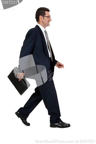 Image of attractive successful adult business man in black suit isolated