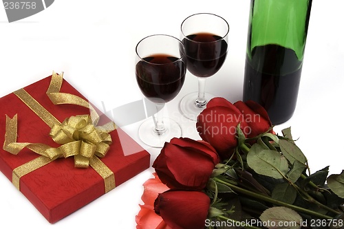 Image of Roses With Present And Wine