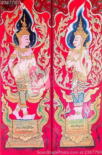 Image of traditional thai art of painting on the door of Thai temple